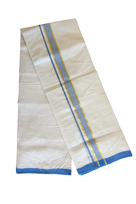 25% DISCOUNT! KaithariKada HANDLOOM Millpaav Balaramapuram - 100% PURE Cotton Off White - (Unbleached) - 100x100 Double Mundu/Dhoti -  1.75 inch Blue  Kasavu Kara- 3KK506RAM