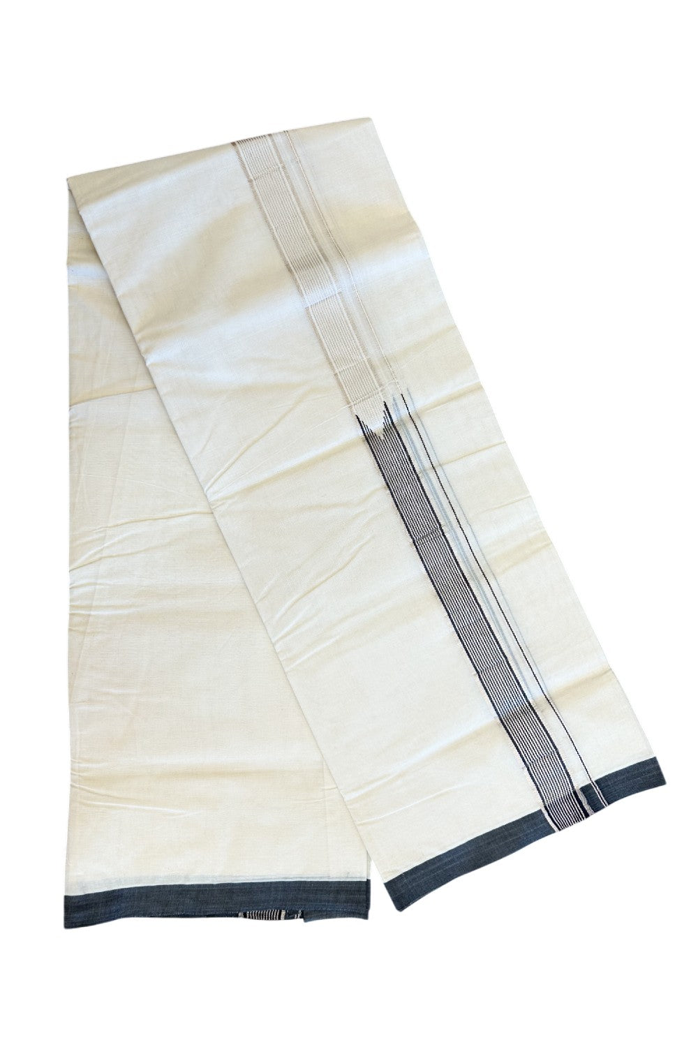 20% Discount !! KaithariKada Balaramapuram 100% Cotton Double Off White - (Unbleached) Mundu/Dhoti-100x100 1.5 inch Heavy Chutty Silver Kasavu & Black Striped kara - 7KK5055ASH