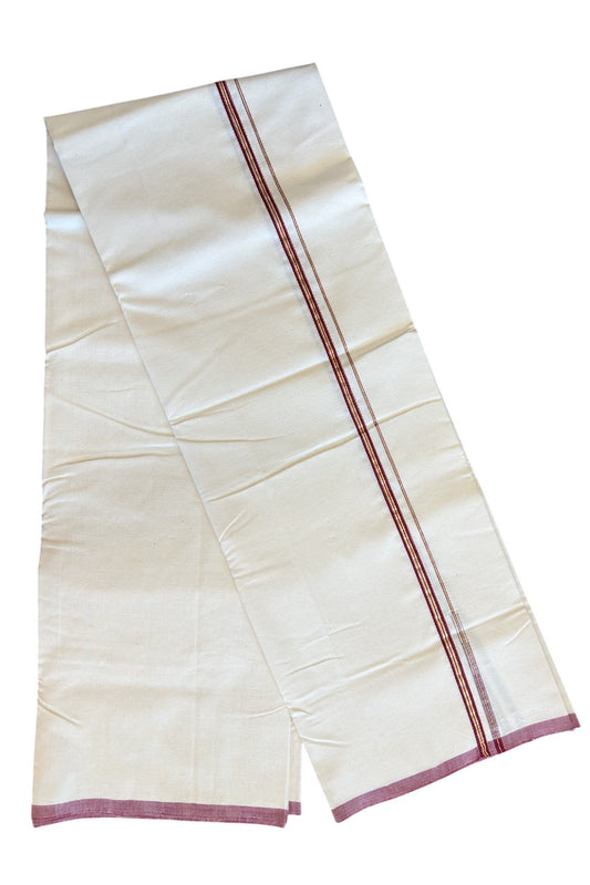 SIGNATURE KAITHARIKADA EXCLUSIVE SINGLE DHOTI - 100% Cotton Balaramapuram HANDLOOM Single Mundu/Dhoti - Off White - (Unbleached) 1 cm Maroon & KASAVU Striped Chutty Kara (2 metre / 4 muzham) - 3KK5078KAI