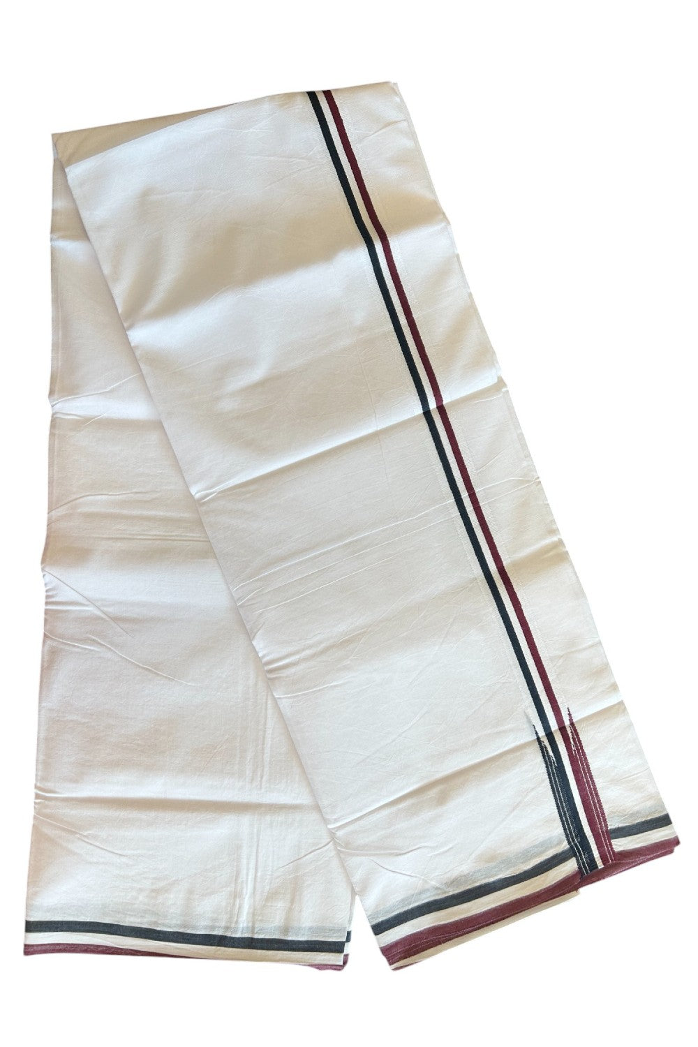 ADMK VESHTI - 19% DISCOUNT! KaithariKada 100% Cotton Pure white Double Mundu/Dhoti - 100X100 - 1.25 inch Black White & Maroon Striped Wings Chutty kara - 3KK5102ASH