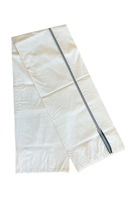 29% DISCOUNT ! KaithariKada Balaramapuram 100% COTTON SINGLE OFF WHITE (Unbleached) Mundu/Dhoti-100X100- 0.75 inch  Puliyilakkara Sage Green & Black Striped Chutty Kara (2 meter / 4 muzham) - 3KK5120ASH