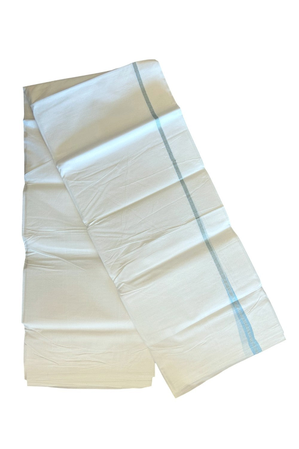 30% DISCOUNT!! KaithariKada HANDLOOM UNAKKUPAAV Balaramapuram - 100% PURE Cotton PURE WHITE - Double Mundu/Dothi - Sky Blue & Silver Striped puliyilakkara chutty - 3KK5129YAR