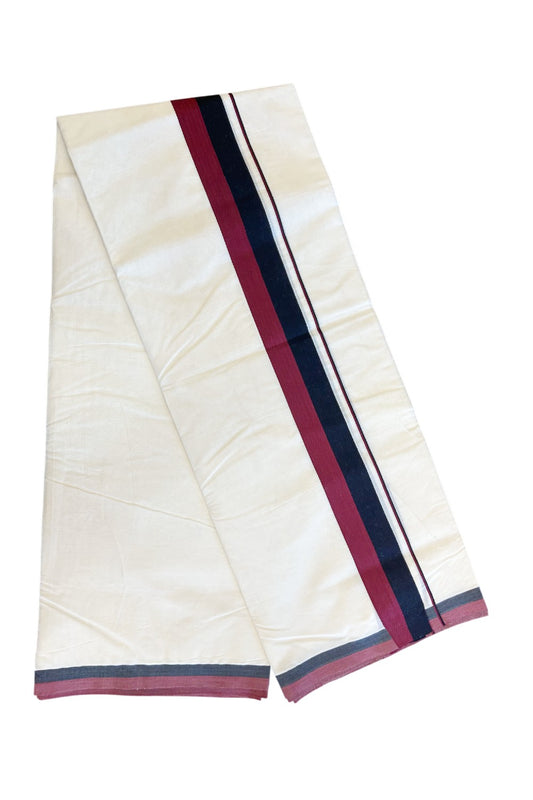 DMK Veshti - 18% DISCOUNT! KaithariKada 100% Cotton off white Double - (Unbleached) Mundu/Dhoti - 100X100 - 2 inch Black & Maroon kara - 3KK5133ASH