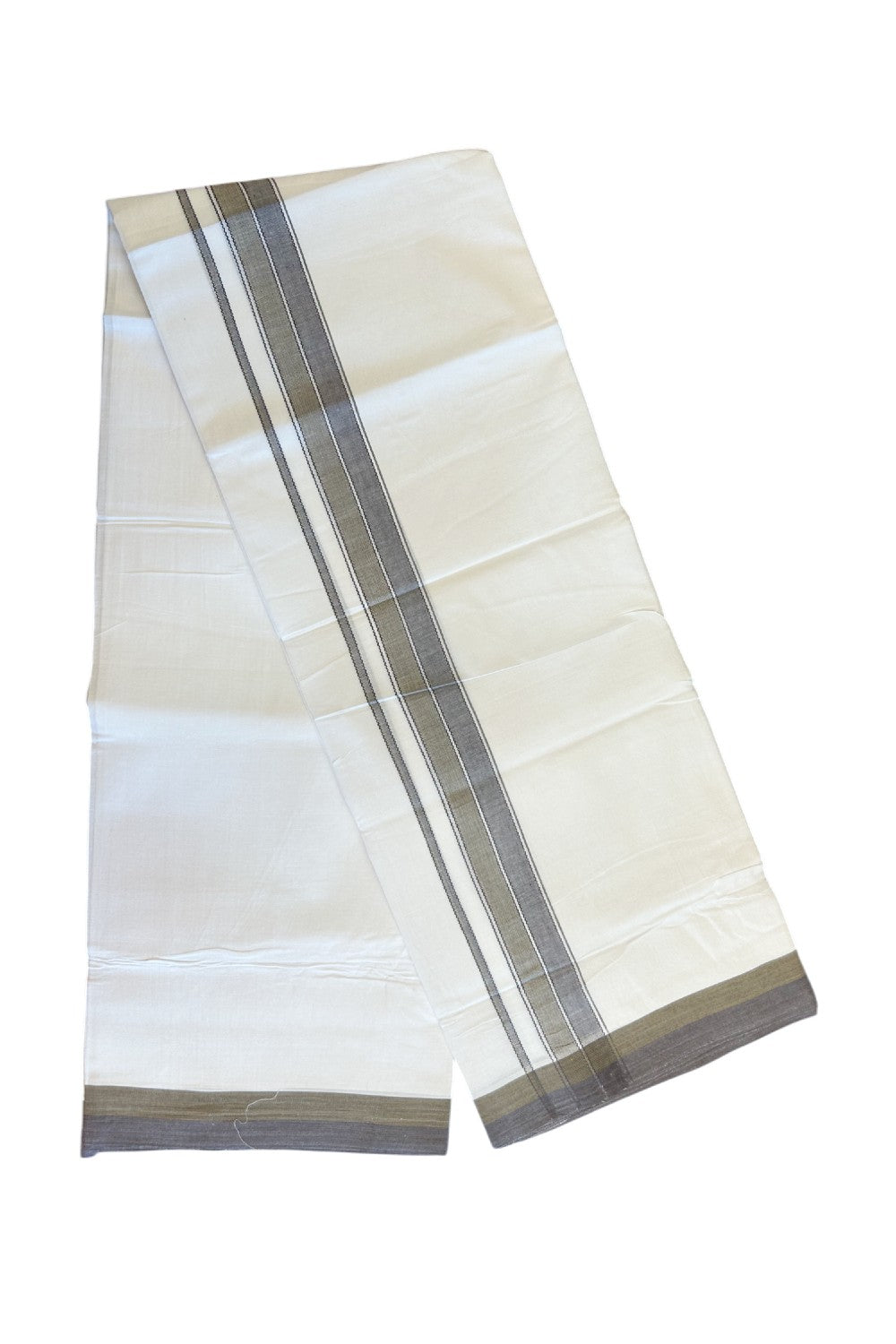 28% DISCOUNT! KaithariKada Balaramapuram 100% Cotton PURE WHITE Double Mundu/Dhoti-100x80- 1.5 inch Sage Green & Dark Purple shaded designer kara - 3KK5134THI