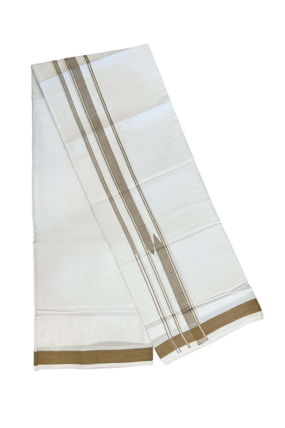 25% DISCOUNT! KaithariKada Balaramapuram 100% Mercerised Cotton Double ULTRA PURE white Mundu/Dhoti - 120x120 - 1.75 inch Heavy Chutty Silver Kasavu & Peanut Brown Shaded Kara - 3KK5139THI