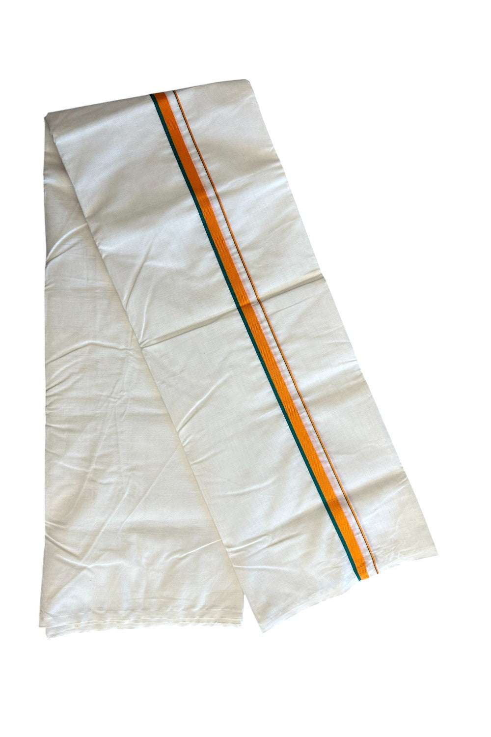 BJP VESHTI - 24% DISCOUNT! KaithariKada 100% Cotton off white Double - (Unbleached) Mundu/Dhoti - 100X100 - 0.75 inch Orange & Green Kara - 3KK5150ASH