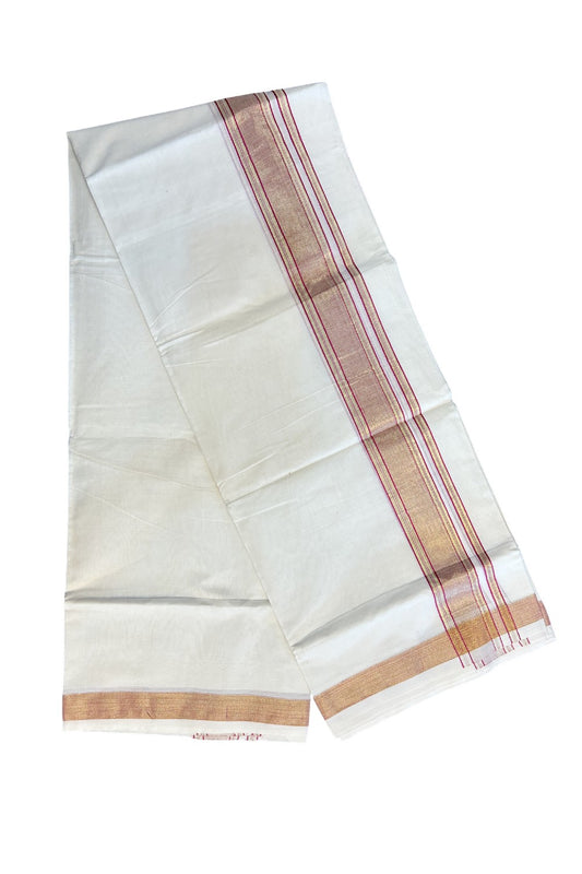 20% DISCOUNT ! KaithariKada Balaramapuram 100% Cotton Double off white (Unbleached) Mundu/Dhoti - 80X72 Cotton mix - 2 inch Gold kasavu Tissue & Magenta Stripes kara - 3KK5151PMC