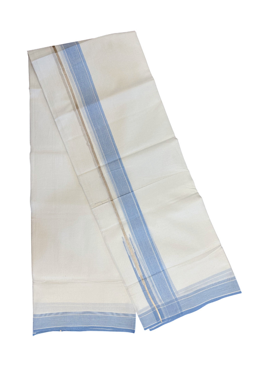 28% DISCOUNT!! Kaitharikada Balaramapuram 100% Cotton PURE WHITE Double Mundu/Dothi - 100X80 - 1.5 Inch Silver kasavu Sky blue shaded striped chutty - 3KK5155THI