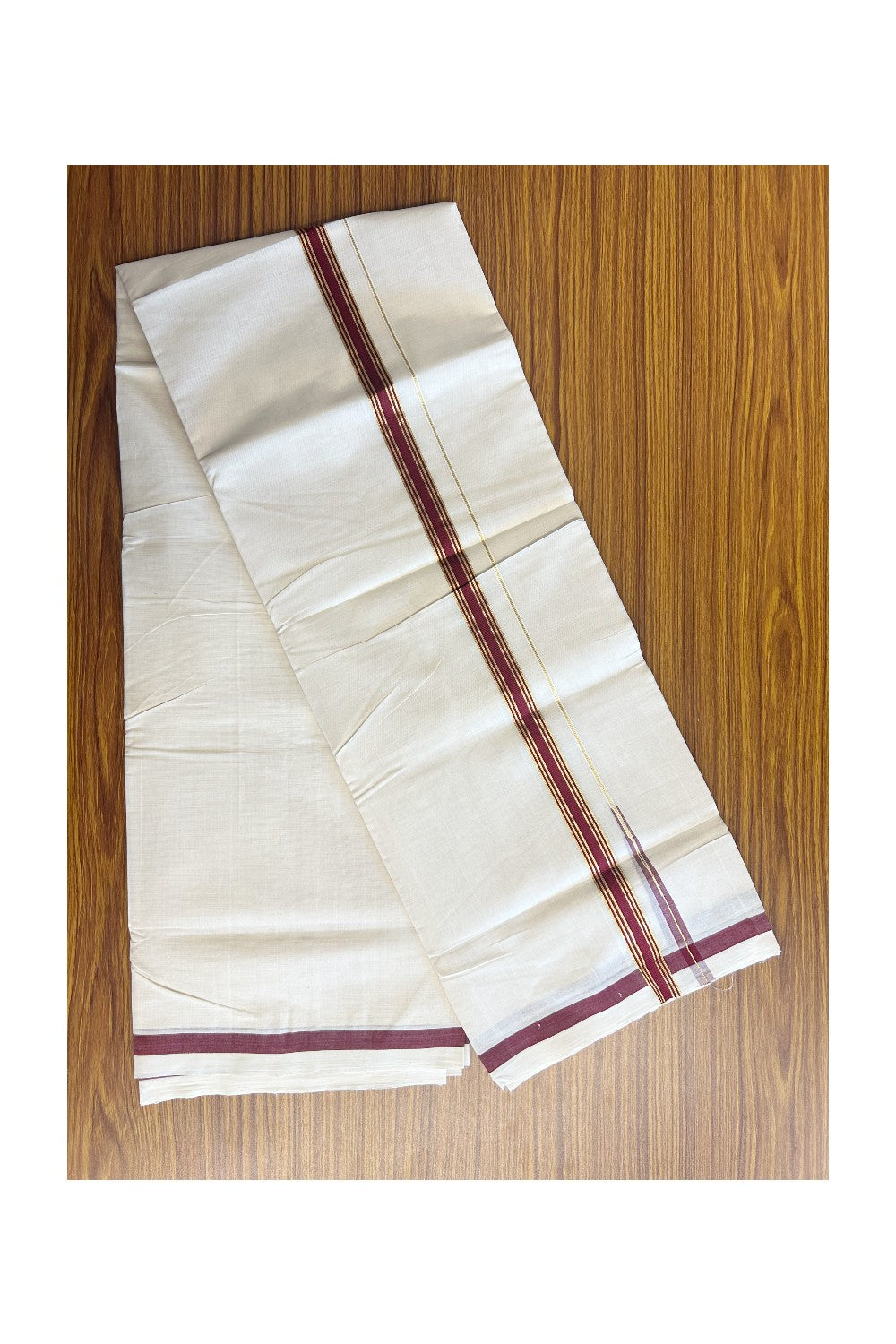 30% DISCOUNT!! KaithariKada HANDLOOM Millpaav Balaramapuram - 100% PURE Cotton OFF White Double- (Unbleached) Mundu/Dothi - 0.75 inch Puliyilakkara side stripes MAROON & Gold kasav chutty Kara - 3KK5156YAR