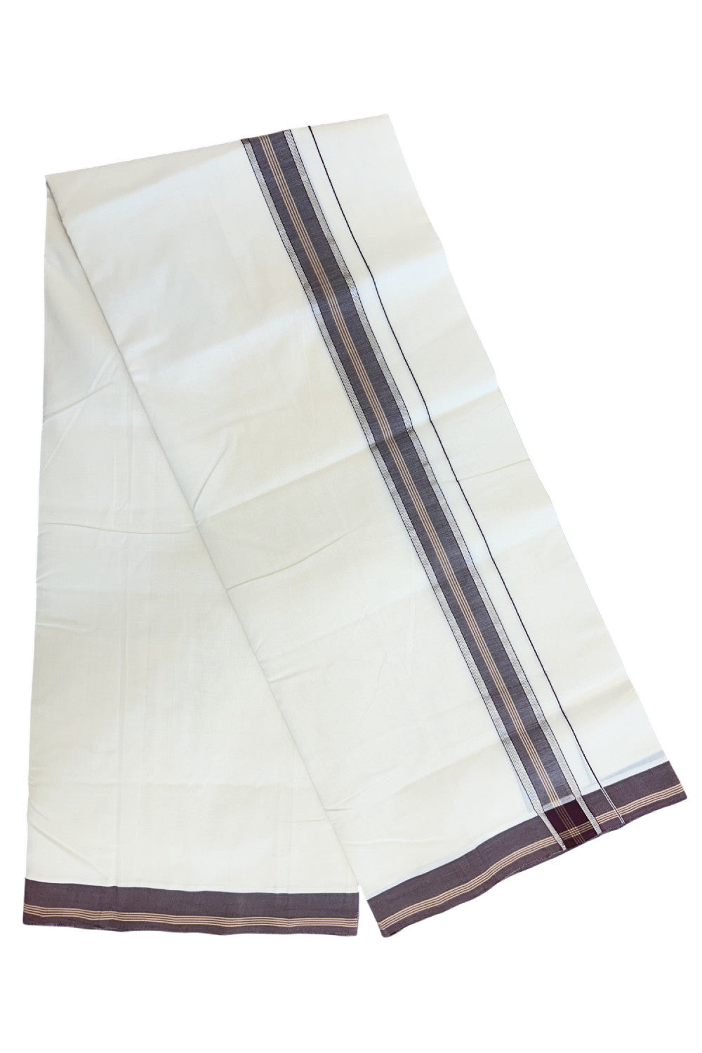 30% DISCOUNT!! KaithariKada HANDLOOM UNAKKUPAAV Balaramapuram - 100% PURE Cotton OFF White Double - (Unbleached)- Mundu/Dothi - 1.5 inch Silver Kasavu Brown & Sand Brown Striped Kara 4.5 Meters (10 Muzham) - 3KK5160REA