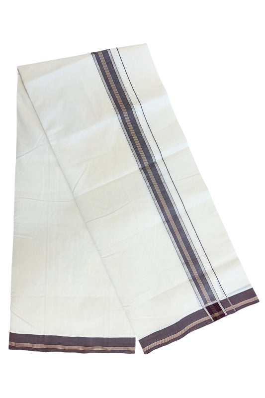 30% DISCOUNT!! KaithariKada HANDLOOM UNAKKUPAAV Balaramapuram - 100% PURE Cotton OFF White Double - (Unbleached)- Mundu/Dothi - 1.5 inch Silver Kasavu Brown & Sand Brown Striped Kara 4.5 Meters (10 Muzham) - 3KK5160REA