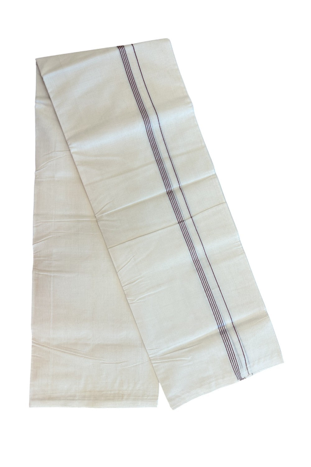 27% DISCOUNT! KaithariKada BALARAMAPURAM HANDLOOM UNAKKUPAAV - 100% PURE Cotton Off white (Unbleached) Double Mundu/Dhoti - 0.5 inch Silver Kasavu &  Maroon Striped Kara (8 Muzham) - 19KK5161SOM
