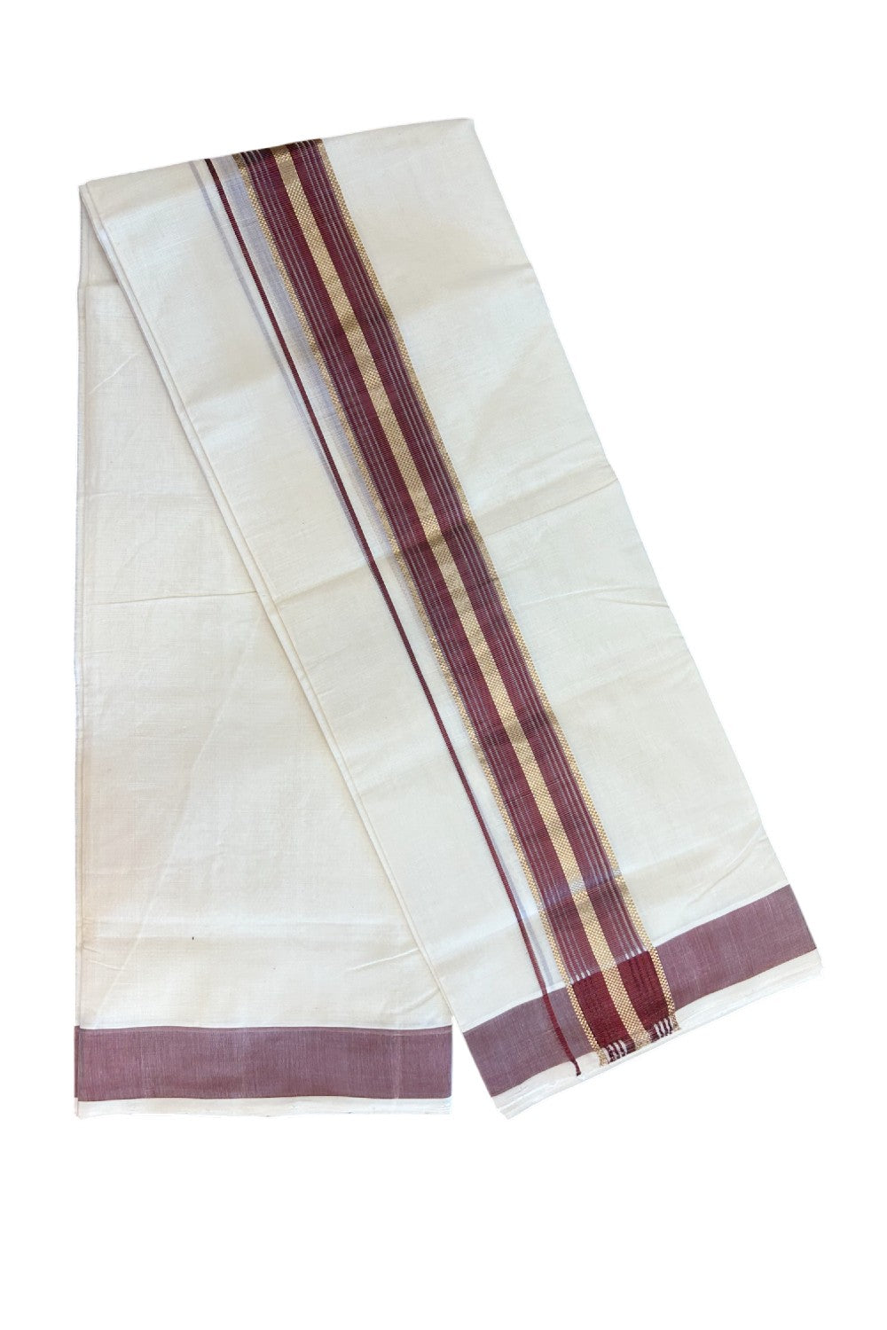 27% DISCOUNT!! KaithariKada HANDLOOM millpaav Balaramapuram - 100% PURE Cotton OFF White - (Unbleached) Double Mundu/Dothi - 2.25 inch Maroon colour kasavu  & Gold Kasavu Striped kara - 11KK5162RAM