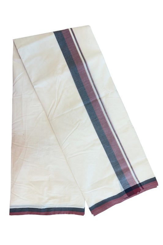 DMK Veshti - 13% DISCOUNT! KaithariKada 100% Cotton off white Double - (Unbleached) Mundu/Dhoti - 100X100 - 2 inch Black & Maroon shaded kara - 2KK5163ASH