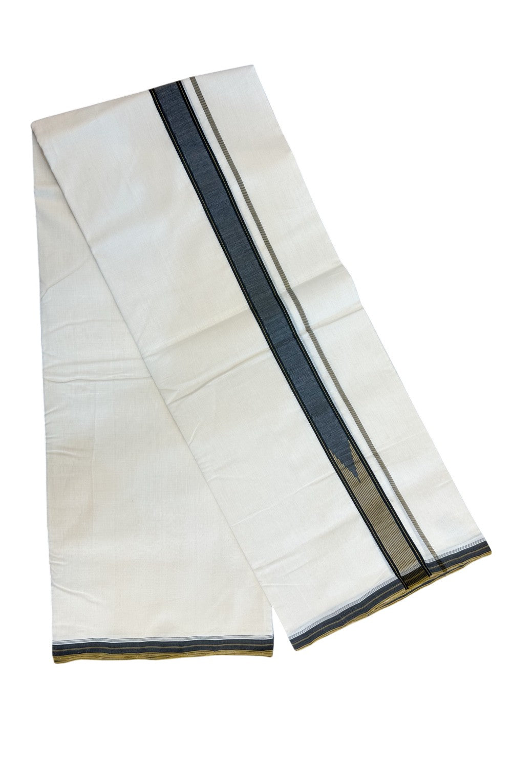 25% DISCOUNT!! KaithariKada HANDLOOM  UNAKKUPAAV Balaramapuram - 100% PURE Cotton OFF White - (Unbleached) Double Mundu/Dothi - 100X100 - 1.5 inch Puliyilakkara Black & Mustard Yellow striped chutty  - 3KK5167REA