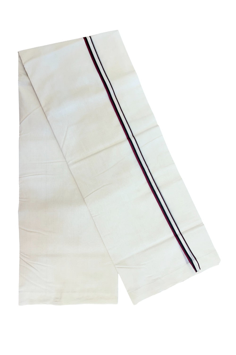 DMK Veshti - 25% Discount!!! KaithariKada HANDLOOM UNAKKUPAAV Balaramapuram - 100% PURE Cotton off white (Unbleached) Double Mundu/Dhoti - 0.75 inch Light Maroon & Black kara DMK - 3KK5175RAM