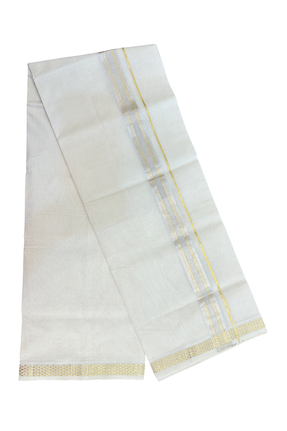 25% DISCOUNT ! KaithariKada HANDLOOM Unakkupaav Balaramapuram - 100% PURE Cotton Off White - (Unbleached) Double Mundu/Dhoti - 100x100 - 1.25 inch Silver & Gold Kasavu Designer Kara - 3KK5176ABH