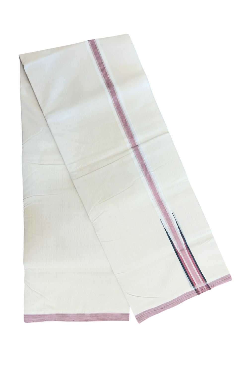 25% DISCOUNT!! KaithariKada HANDLOOM MILPAAV Balaramapuram - 100% PURE Cotton OFF White Double - (Unbleached) Mundu/Dothi - 100x100 - 1.25 inch Silver Kasavu stripes Berry Pink & Black shaded chutty - 2KK5177RAM