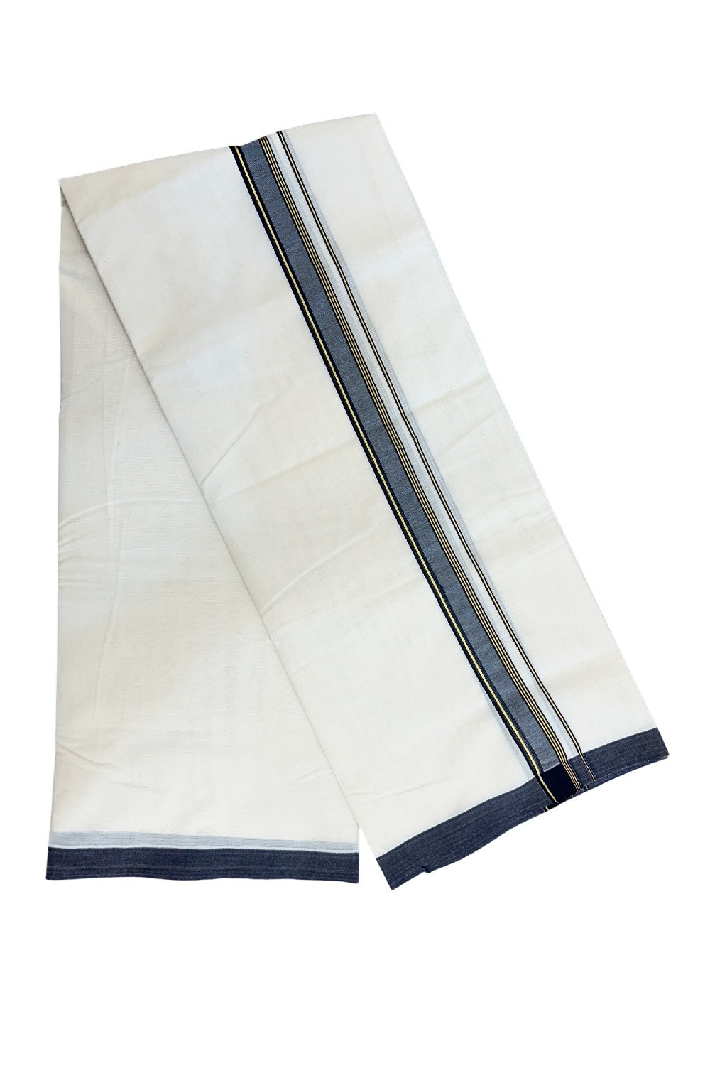 SHORT DHOTI SPECIAL! Kaitharikada.com 32% DISCOUNT! KaithariKada Balaramapuram 100% Cotton  Off white (Unbleached) Double Mundu/Dhoti-100x100 - 1.25 inch Kara & 46 inches Height Navy Blue & Kasavu Striped Kara- 3KK5178ASH