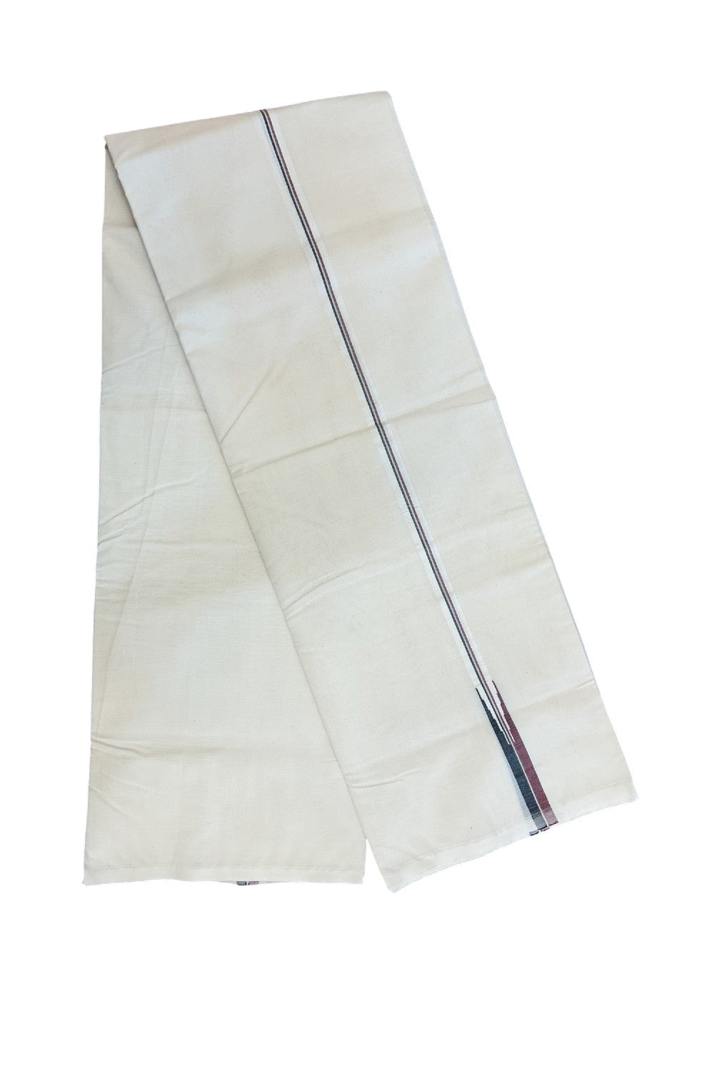 ADMK VESTHI 22% DISCOUNT ! KaithariKada Balaramapuram 100% COTTON DOUBLE OFF WHITE (Unbleached) Mundu/Dhoti-100X100- 0.5 Inch  Puliyilakkara Maroon & Black Chutty Kara - 3KK5179ASH
