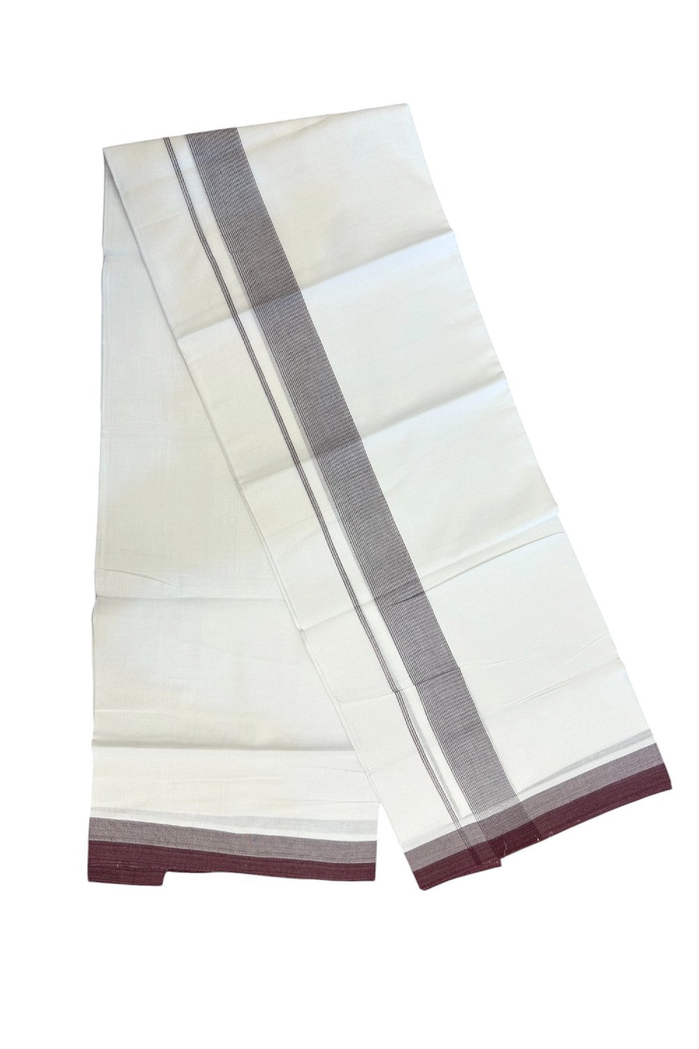 20% Discount ! Kaitharikada Balaramapuram 100% Cotton PURE WHITE Double Mundu/Dothi - 100x80 - 1.5 inch Wine shaded Striped Kara - 3KK5183VIN