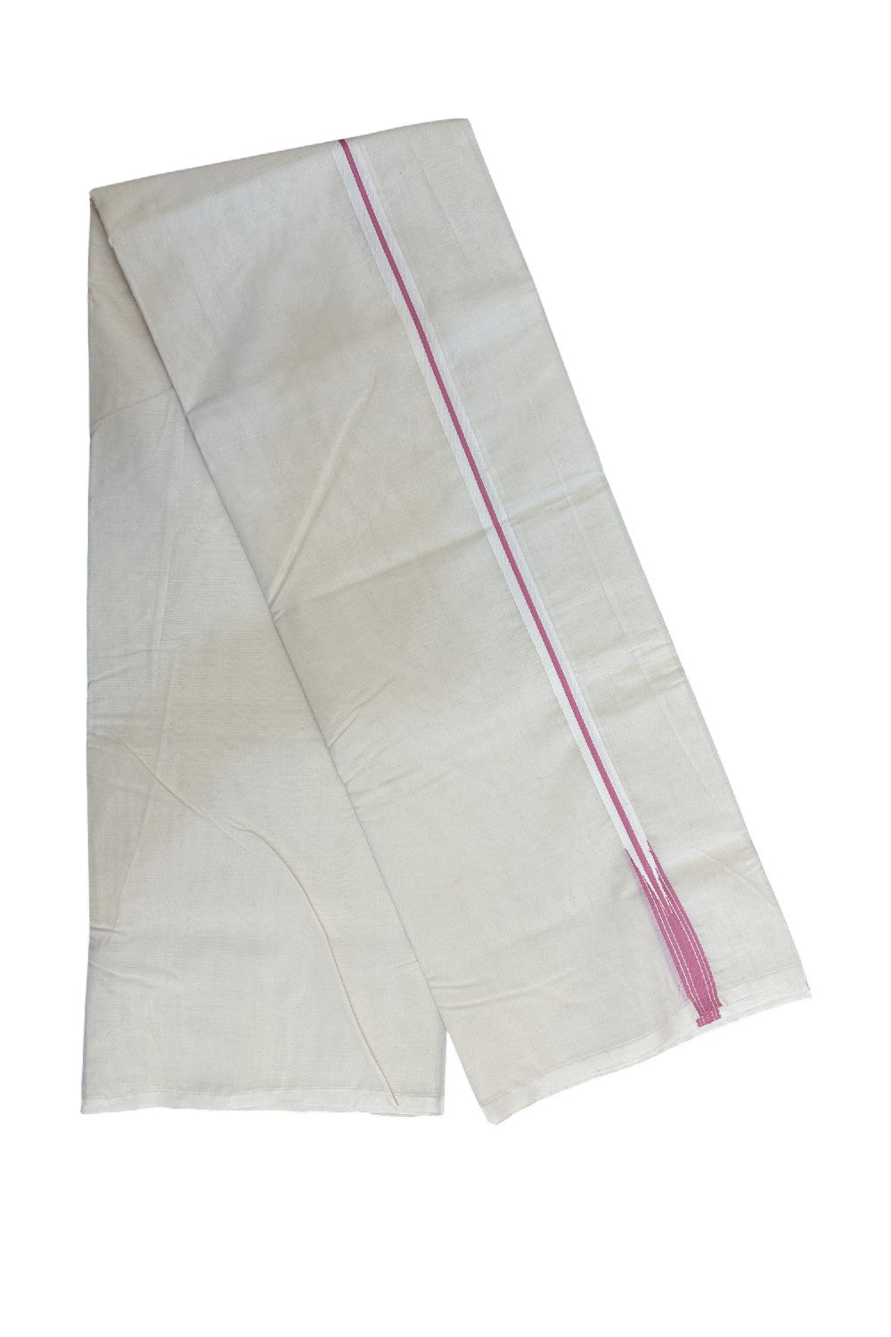 20%OFFER! KaithariKada Balaramapuram 100% Cotton Double OFF WHITE - (Unbleached) Mundu/Dhoti-100x100 - 0.75 inch Puliyilakkara Pink Striped Chutty Kara- 3KK5185ASH
