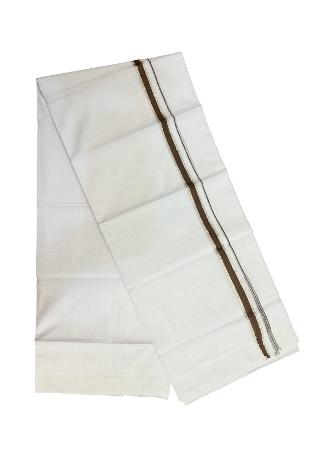 20% Discount !! Kaitharikada Balaramapuram 100% Cotton PURE WHITE Double Mundu/Dothi - 100x80 - 0.75 inch Silver Kasavu & Coffee Brown Chutty Kara - 3KK5191CKS
