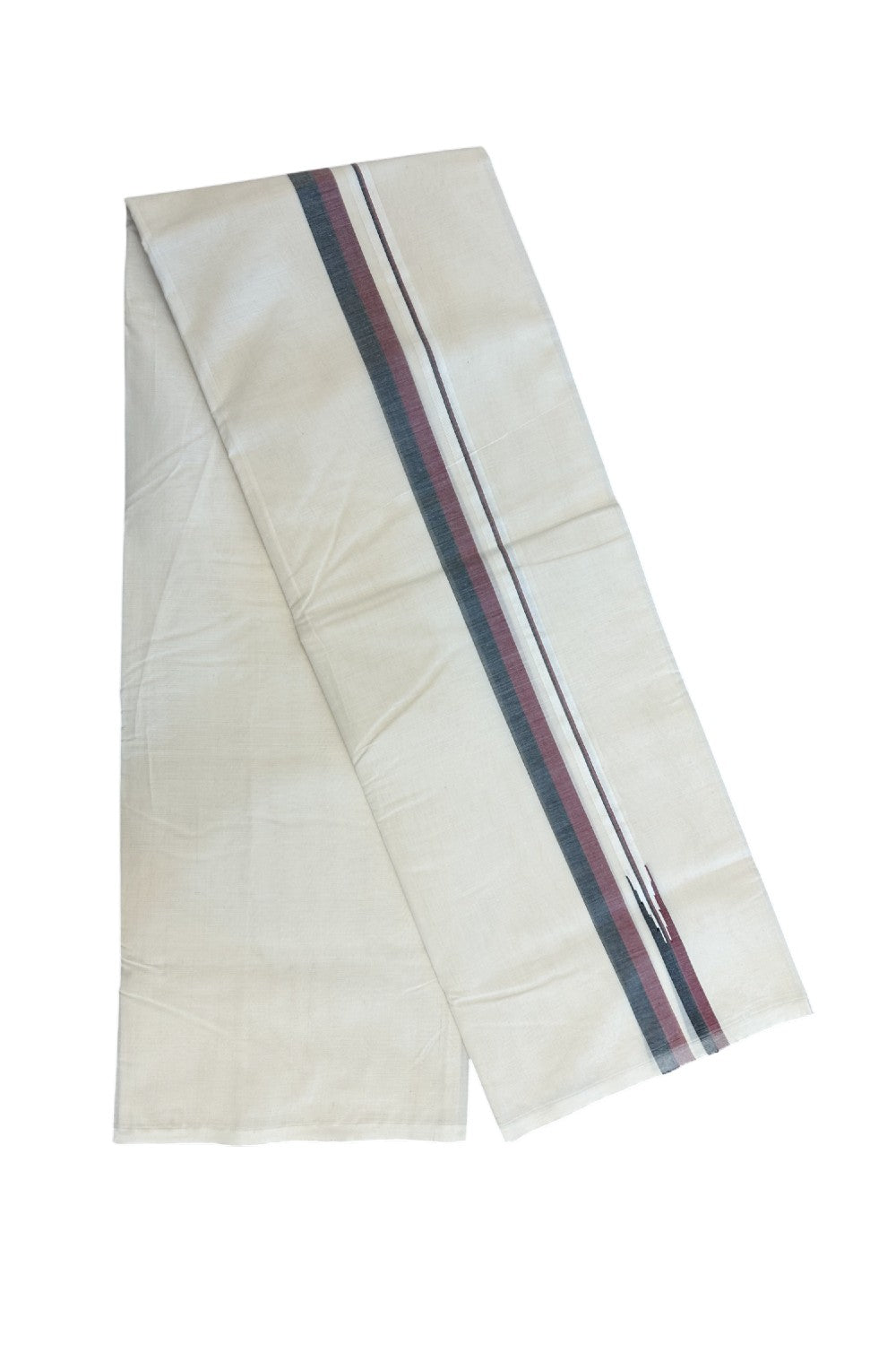 DMK Veshti - 19% DISCOUNT! KaithariKada 100% Cotton off white Double - (Unbleached) Mundu/Dhoti - 100X100 - 1 inch Puliyilakkara Black & Maroon Shaded Chutty kara - 3KK5187ASH