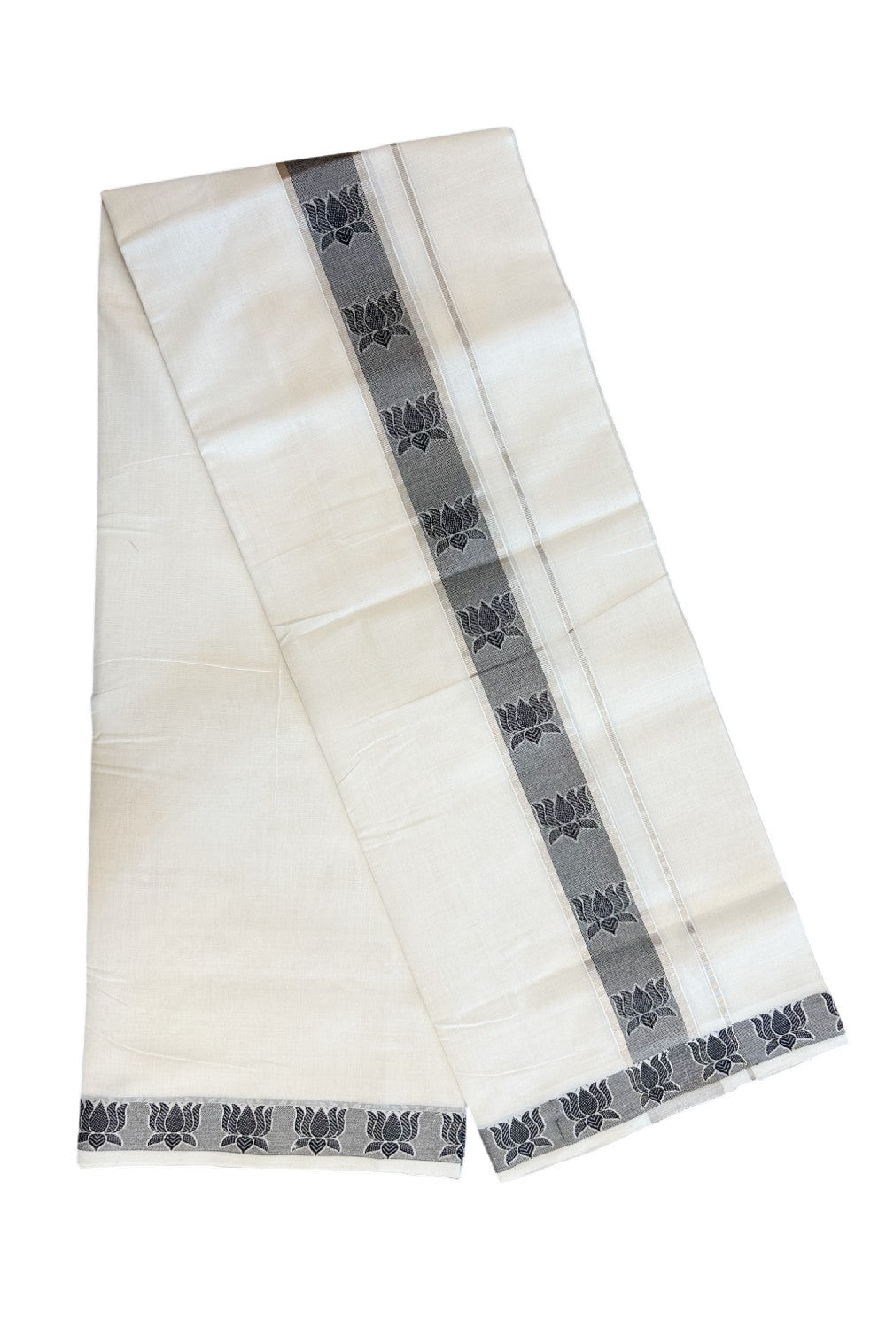 25% DISCOUNT ! KaithariKada HANDLOOM Unakkupaav Balaramapuram - 100% PURE Cotton Off White - (Unbleached) Double Mundu/Dhoti - 2 inch Silver Kasavu & Black Lotus Jacquard Design Kara - 3KK5190ABH