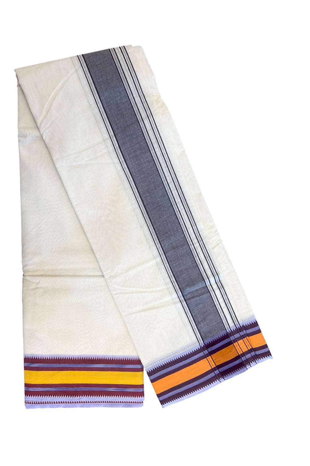 20% DISCOUNT! KaithariKada 100% Cotton Off White - (Unbleached) - Pure Cotton -100x100 thread - NORTH INDIAN - ATTACHED GAMCHA 9X5 Dhoti Orange kara with Yellow Maroon & Brown Striped border - 3KK5196PMC
