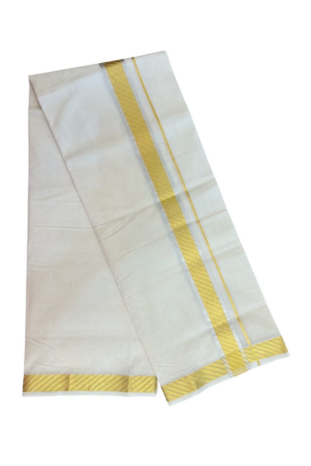 25% DISCOUNT ! KaithariKada HANDLOOM UNAKKUPAAV Balaramapuram - 100% PURE Cotton Off White - (Unbleached) Double Mundu/Dhoti - 1.75 inch Gold Kasavu & Silver Kasavu Striped Jacquard Design Kara - 3KK5208ABH