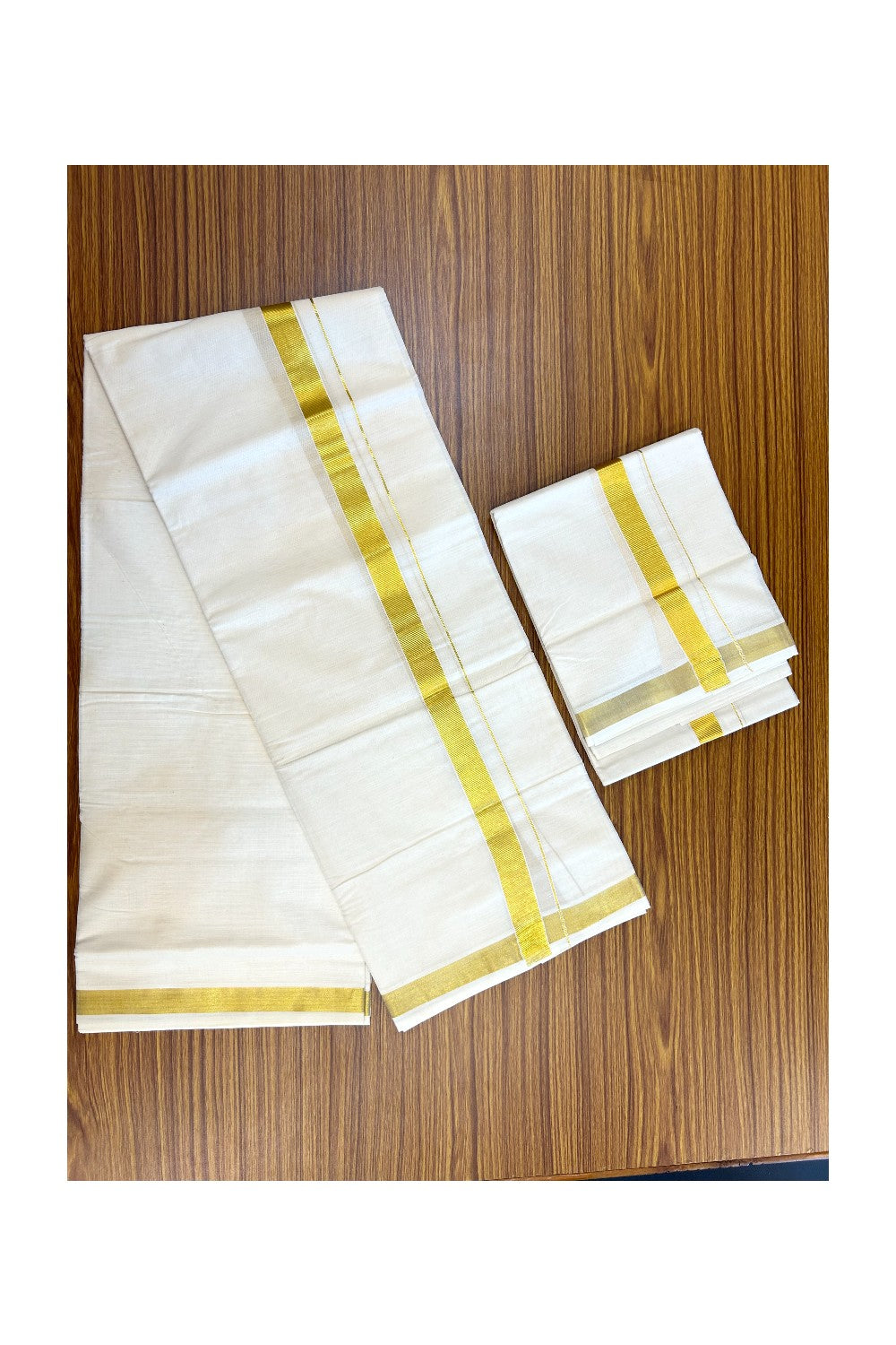 20% Discount!! KaithariKada Balaramapuram - 100% PURE Cotton Off White  (Unbleached) Mundu/Dhoti & Neriyath set - 1 Inch Kasavu Kara - 3KK5213 VIN