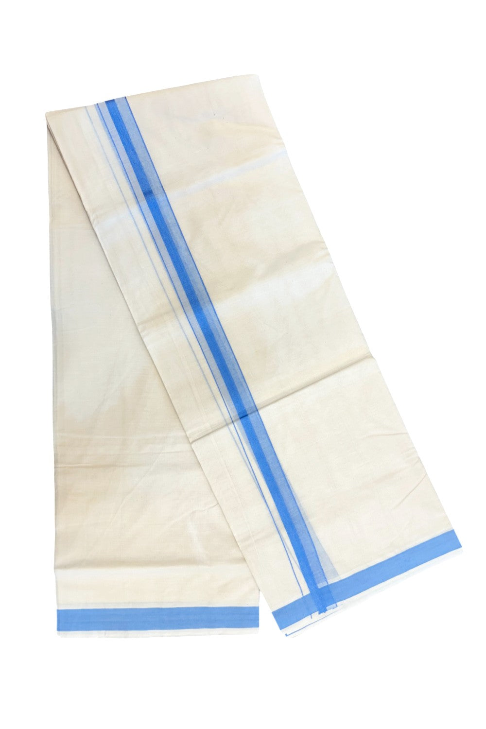 24% Discount ! KaithariKada Balaramapuram 100% Cotton Double OFF WHITE- (Unbleached) - Mundu / Dhoti- 100x80 - 1.5 inch Sky Blue Kara - 3KK5214 MC