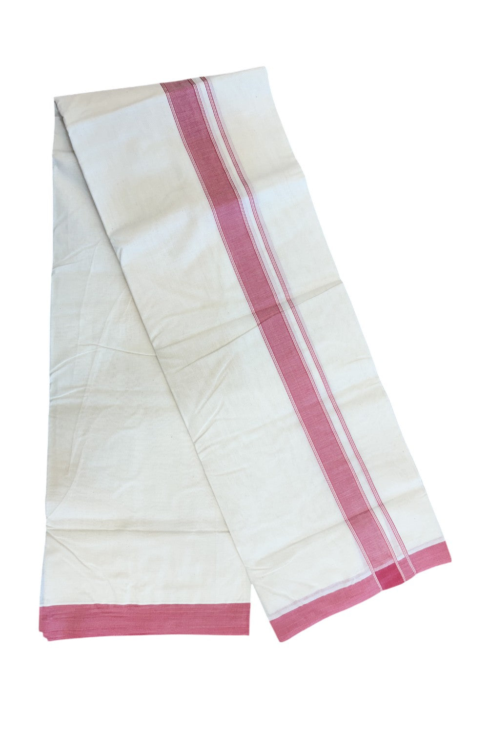 NEW !! 20% DISCOUNT!! KaithariKada Balaramapuram 100% Cotton Double Off white - (Unbleached) Mundu/Dhoti-100x80 - 1.25 inch Dark Rose Pink Shaded Striped KARA - 3.75 mtr (8 Muzham) - 3KK5218 ASH