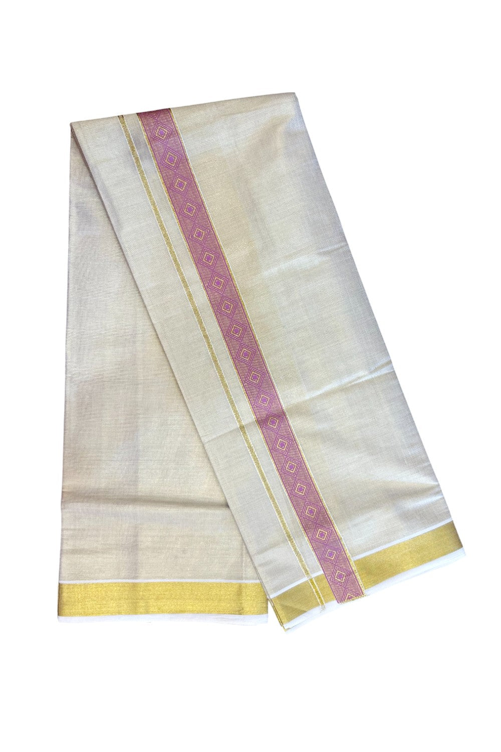 22% DISCOUNT!! KaithariKada Balaramapuram Double OFF WHITE Mundu/Dhoti - 80x72 - Tissue Body with 1.5 Inch Lavender Pink & Gold Kasav Printed Design Kara - 3KK5219 GAN