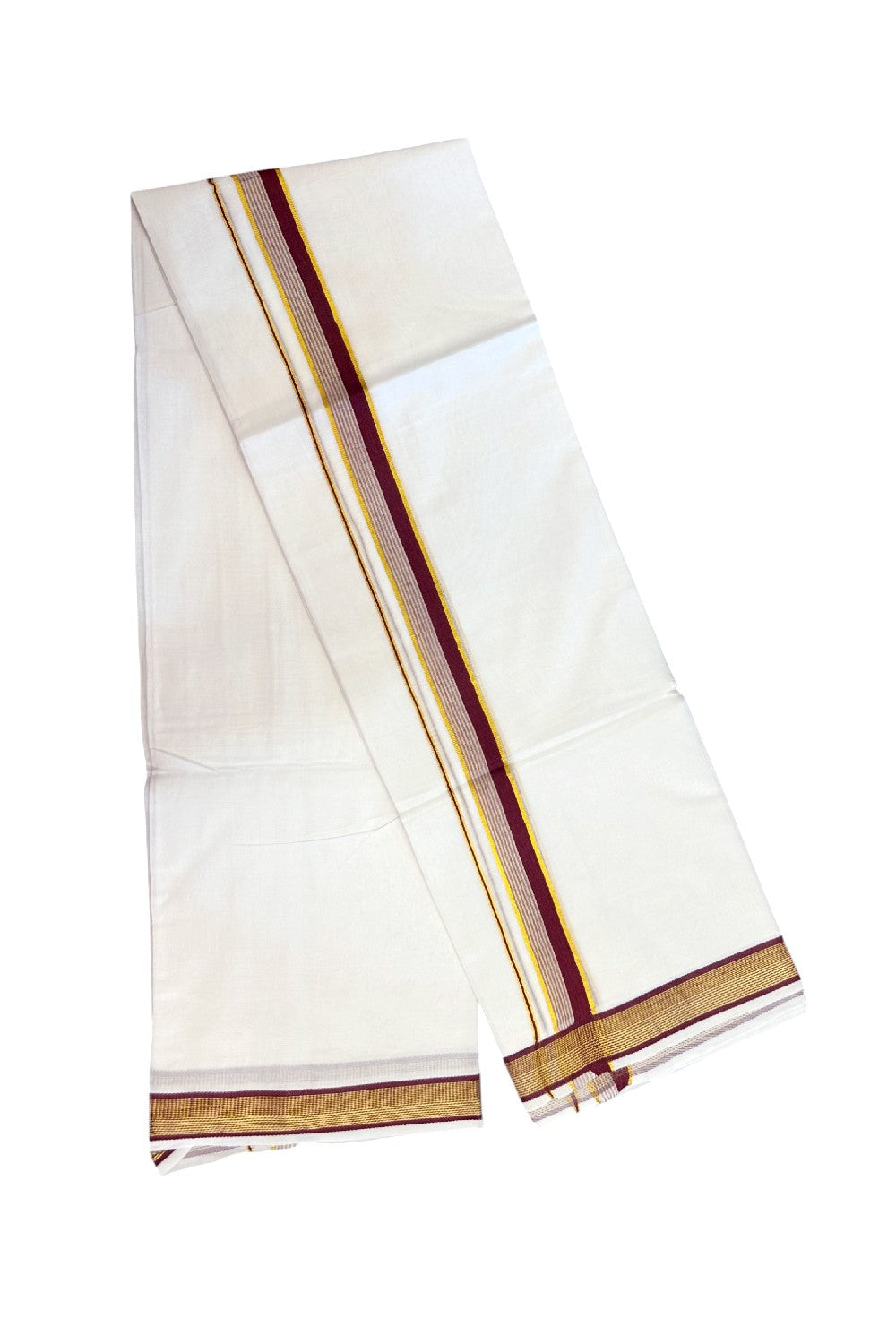 16% DISCOUNT! KaithariKada Balaramapuram 100% MERCERISED Cotton Double ULTRA PURE WHITE Mundu/Dhoti - 100x100 - 1 inch Maroon & Kasavu Stripes Kara - 3KK5221 GAN