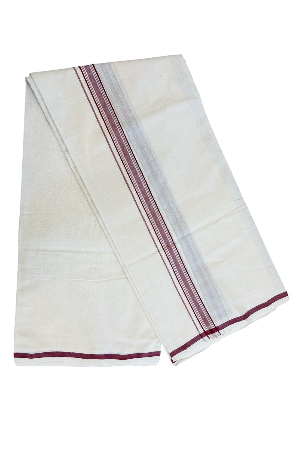 PREMIUM HANDLOOM-20% DISCOUNT! KaithariKada  Cotton OFF White - 100x80 thread-  NORTH INDIAN ATTACHED GAMCHA - 9X5 & 10X6 muzham Dhoti - 1.5 inch Maroon Border - 3KK5223VEL