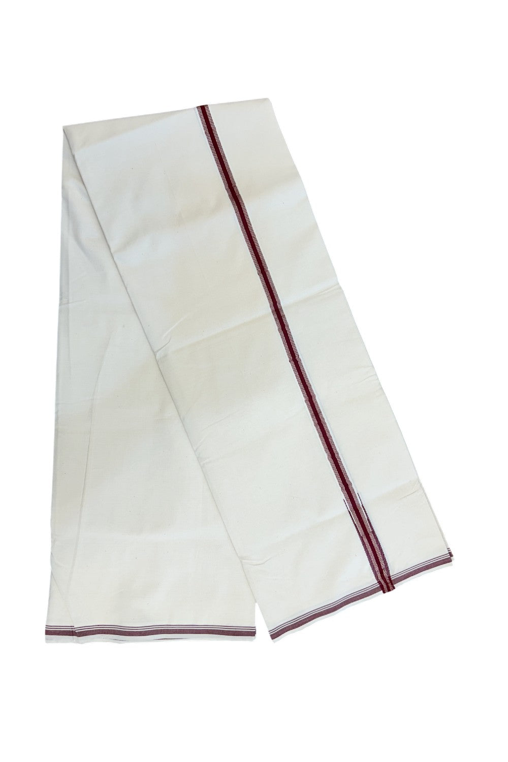 20% Discount!! KaithariKada Balaramapuram 100% COTTON SINGLE OFF WHITE - (Unbleached) Mundu/Dhoti - 100X100 - 0.75 inch Puliyilakkara Maroon & Silver Kasavu Striped Chutty Kara(2 meter / 4 muzham) - 3KK5228 ASH