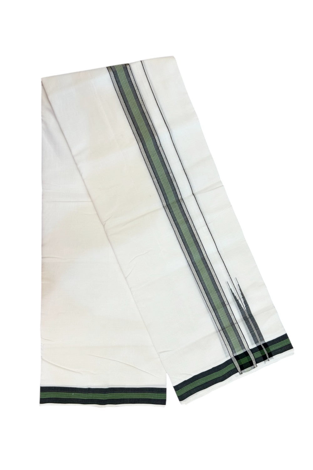 25% Discount!! NEW ULTRA PURE WHITE HANDLOOM Balaram apuram - 100% Mercerised Cotton Double Mundu/Dhoti - 120 twisted warp x 80s weft - 1.5 inch Puliyilakkara Silver Kasavu Black & Green Striped Chutty Kara - 3KK5232 REA