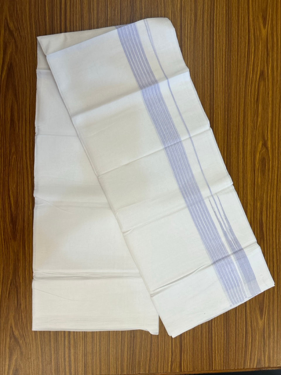 24% Discount! KaithariKada Balaramapuram 100% Cotton Pure white Double Mundu/Dhoti - (100x80)s - 1.5 inch Puliyilakkara Light Violet Stripes Chutty - 103 KK5258 THI