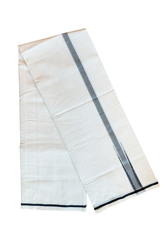 30% DISCOUNT!! KaithariKada HANDLOOM Unakkupaav Balaramapuram - 100% PURE Cotton OFF White (Unbleached) Double Mundu/Dothi - Silver Kasavu Black Stripes Chutty Puliyilakkara-3KK59RAM