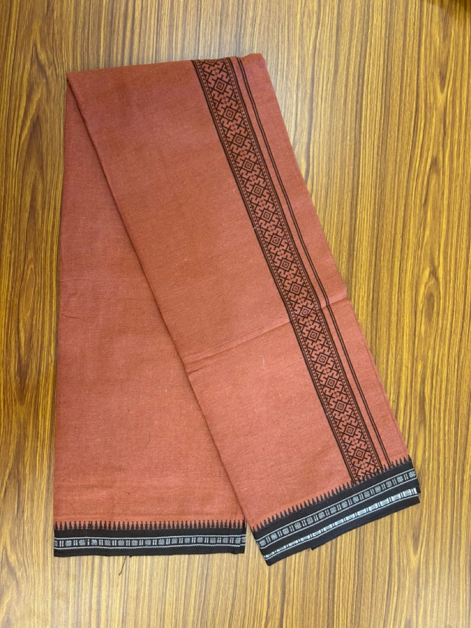 8% Discount!!! Kaitharikada 90% cotton 5 % Polyster Single KAVI - Kaily / Lungi - 3.25 inch DARK BROWN Tribal Printed kara Kuppadam Border (2 meter / 4 muzham) - 3KK8027 AS