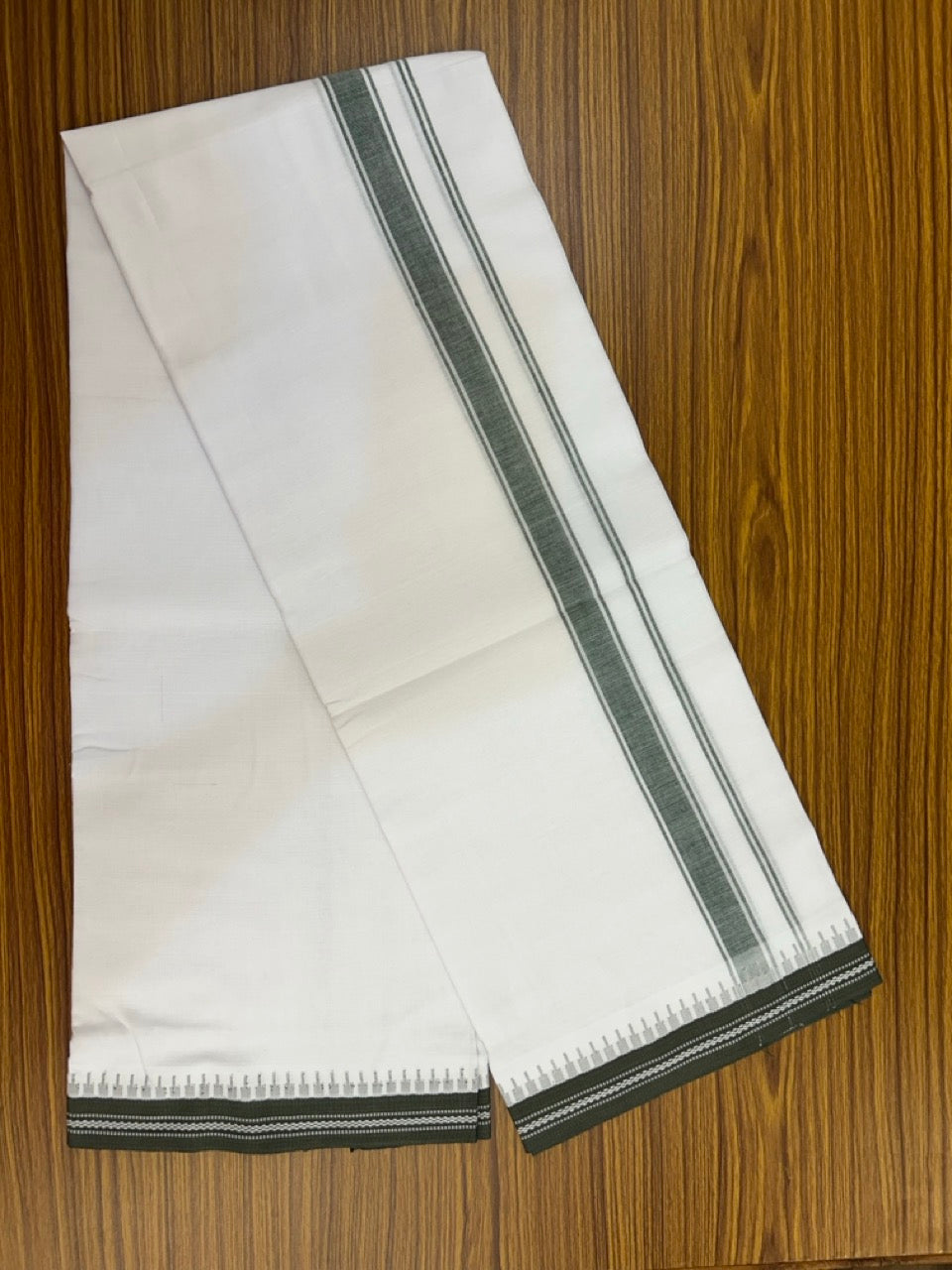 Premium Kathar Type Mercerised Pure Cotton Single Mund Kaitharikada Special - Kaily / Lungi -  1.25 inch Sage Green Striped kara White Body Kuppadam Border (2 meter / 4 muzham) - 3 KK8031 MUT