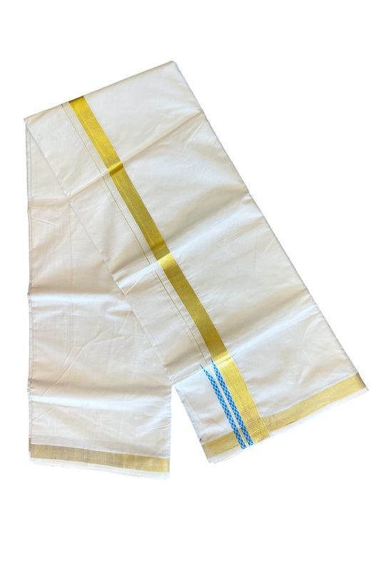 15% Discount !! KaithariKada Balaramapuram 100% Cotton Double Off white - (Unbleached) Mundu/Dhoti-80X72-  KASAVU & BLUE CHUTTY PATTERN Printed Kara- 3KK85CEE