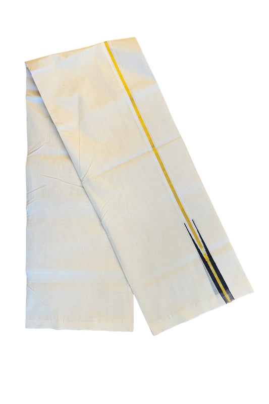 30% DISCOUNT!! KaithariKada HANDLOOM Unakkupaav Balaramapuram - 100% PURE Cotton OFF White (Unbleached) Double Mundu/Dothi - Kasavu black puliyilakkara Chutty - 3KK86RAM