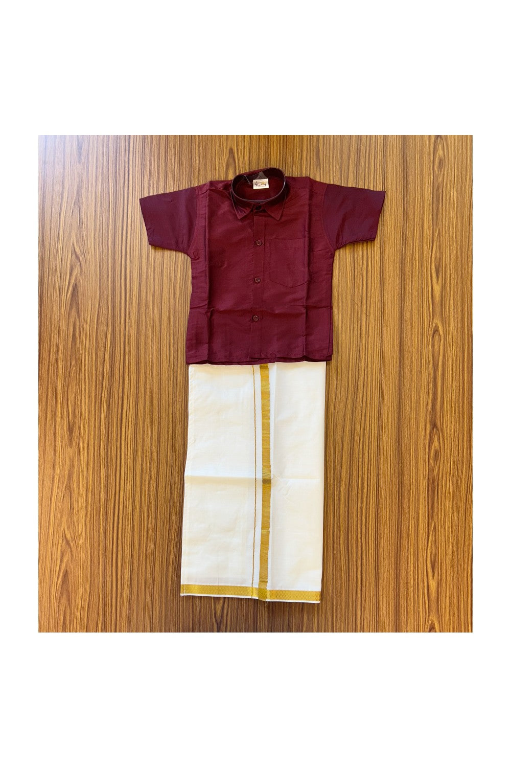 10% DISCOUNT !!! Yuvraj-Traditional South Indian Kids Silk Shirt & Mund - Dark maroon Shirt Off white Kasavu Mund Age 1- 3KK90YUV1.