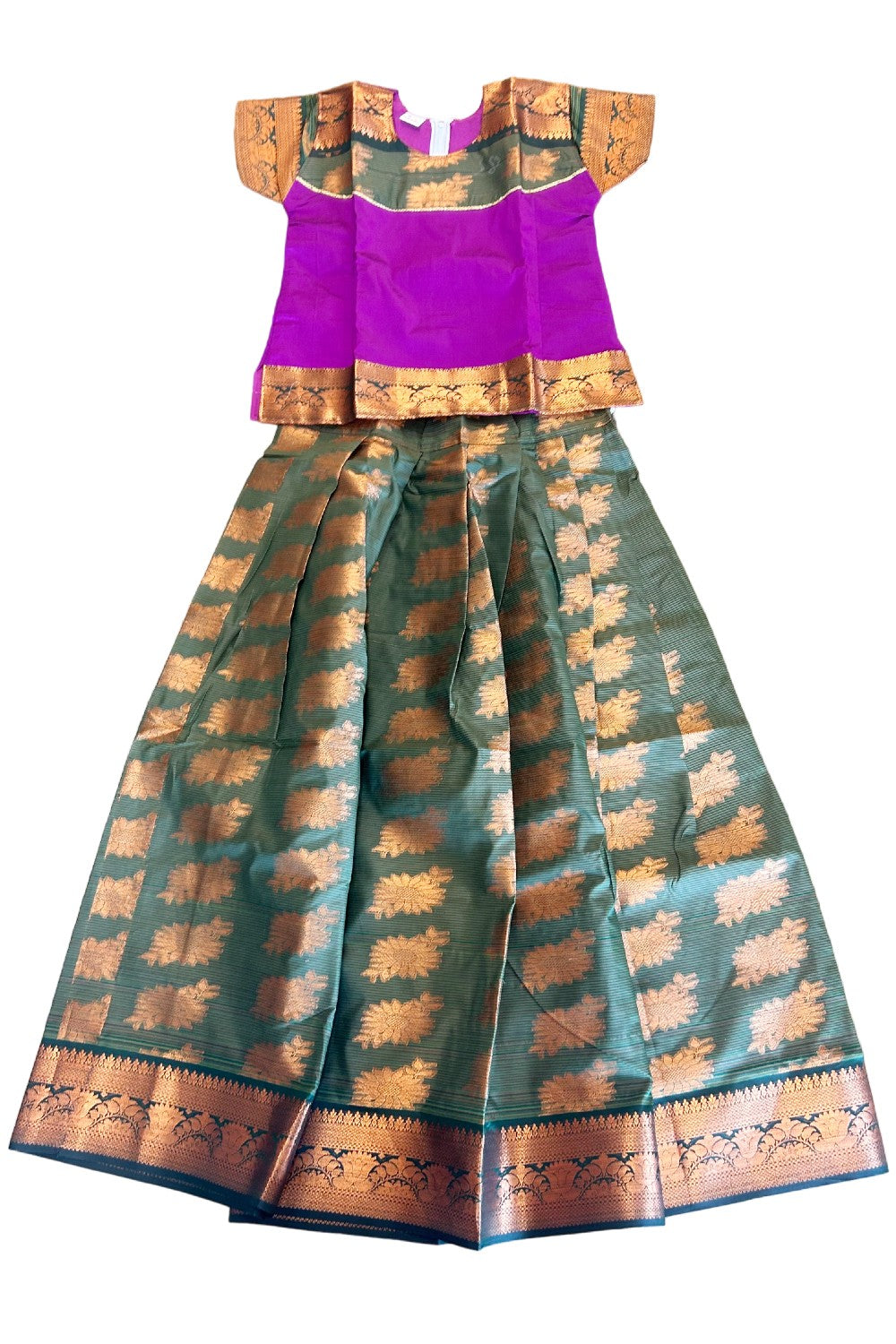 Midukki-Traditional South Indian Kids Pattu Pavada- Magenta top dark green skirt with emboss work- Age 15&16 - KK15&16MID003