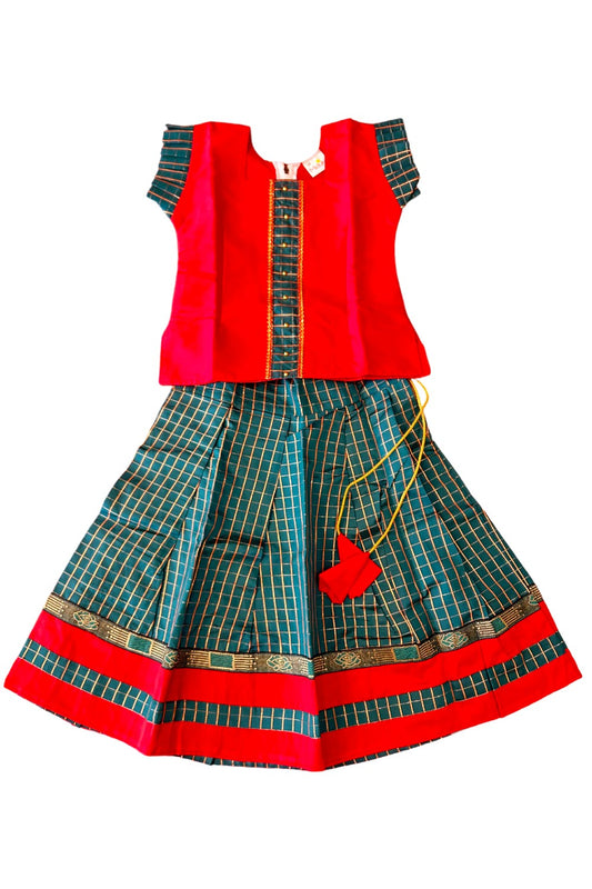 Midukki-Traditional South Indian Kids Pattu Pavada- Red top Green check skirt- Age 3 - KK3MID003
