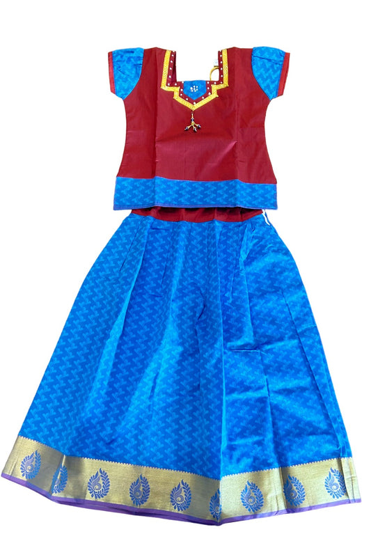 Midukki-Traditional South Indian Kids Pattu Pavada- Maroon top blue skirt with emboss work - Age 11 - KK11MID003
