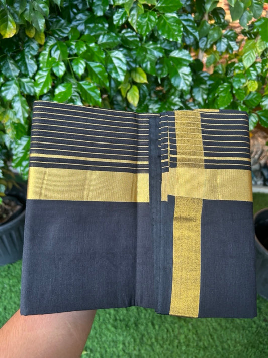 25% Discount! KaithariKada Handloom Unakkupaav Balaramapuram - Pure Cotton Double Mundu/Dhoti (Unbleached) - 80x90s - Black Colour Body - 7 inch Gold Kasavu Striped Kara - 91 KK5256 RAM